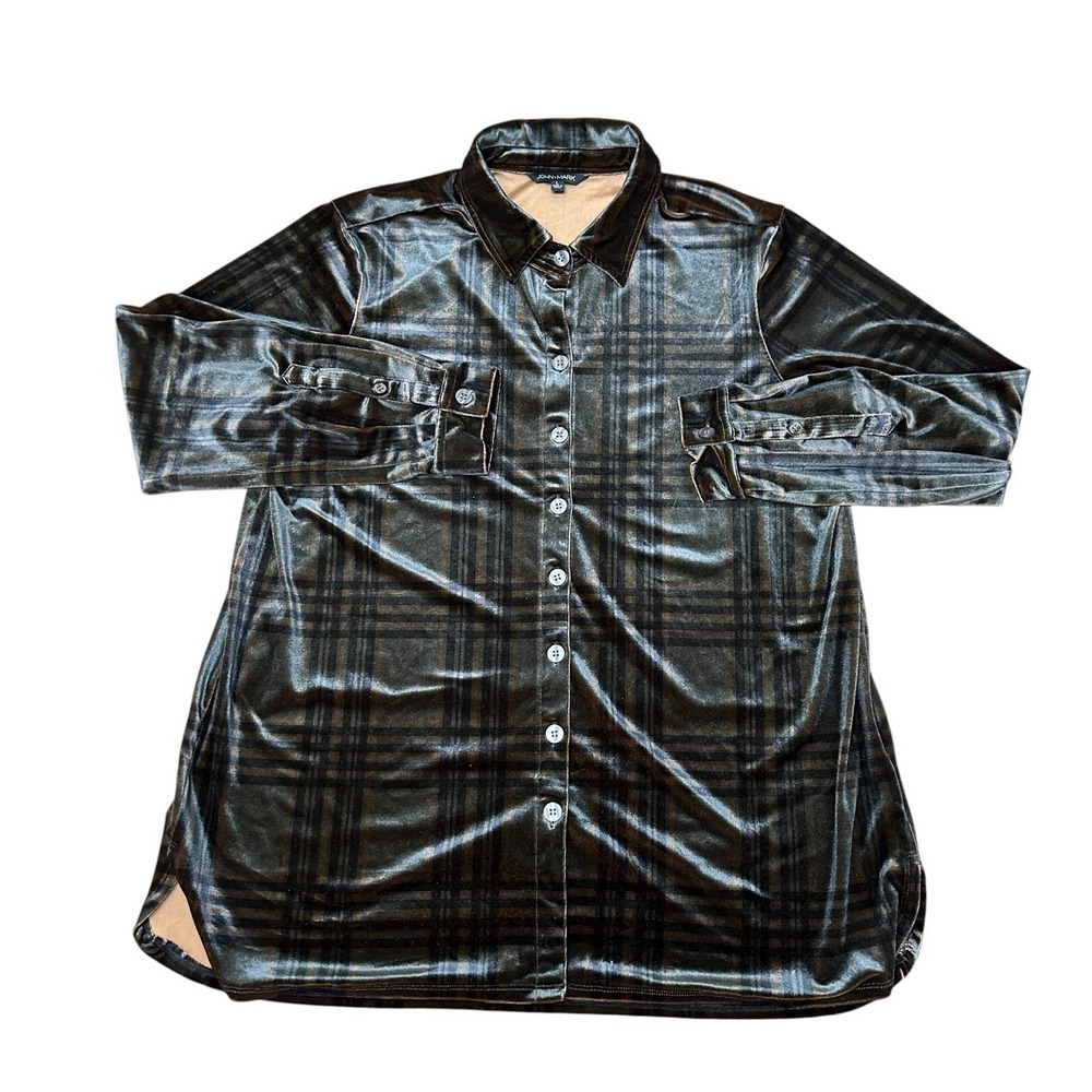 JOHN MARK Stretch Velvet Tunic Top Holiday Tan/Green/Black Plaid Shimmer L